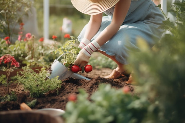 primo piano di una donna irriconoscibile che si sente rilassata nel giardinaggio nel suo giardino