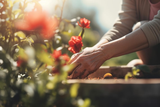 primo piano di una donna irriconoscibile che si sente rilassata nel giardinaggio nel suo giardino