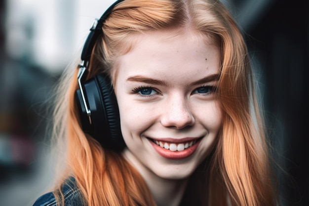 Primo piano di una donna sorridente mentre indossa le cuffie