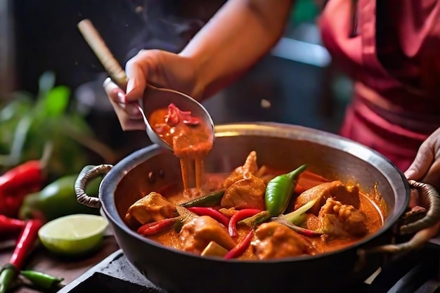 primo piano di una donna thailandese che cucina curry di pollo rosso piccante in wok