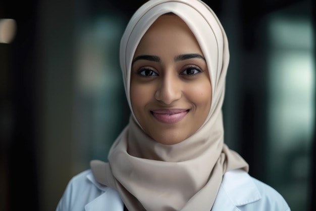 Primo piano di una dottoressa che indossa un hijab e un camice da laboratorio guardando la telecamera con un caldo