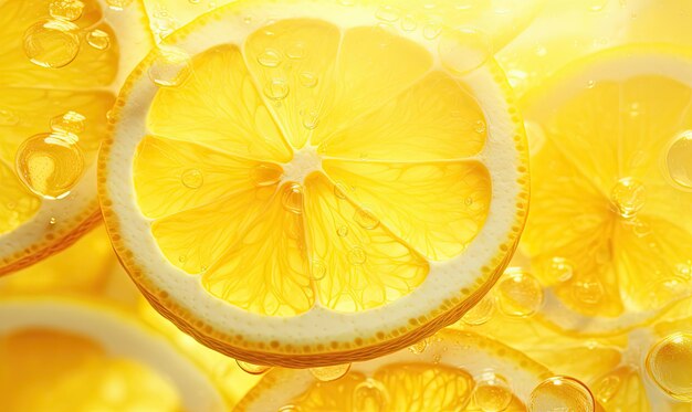 Primo piano di una fetta di limone luminosa che irradia freschezza su uno sfondo vibrante Ideale per la salute culinaria e la pubblicità di bevande rinfrescanti Creato con strumenti di intelligenza artificiale generativa