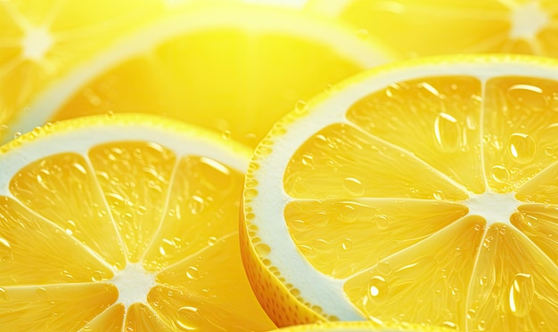 Primo piano di una fetta di limone luminosa che irradia freschezza su uno sfondo vibrante Ideale per la salute culinaria e la pubblicità di bevande rinfrescanti Creato con strumenti di intelligenza artificiale generativa