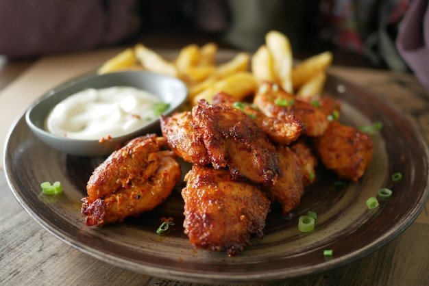 Primo piano di una fetta di pollo alla griglia su un piatto