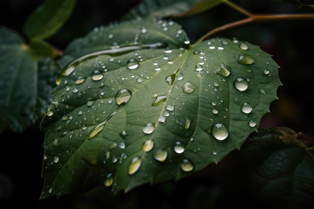 Primo piano di una foglia lussureggiante con goccioline d'acqua e rugiada