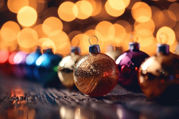 Primo piano di una fotografia con un gruppo di vivaci palline di Natale e luci scintillanti che simboleggiano lo spirito festivo della celebrazione del nuovo anno IA generativa