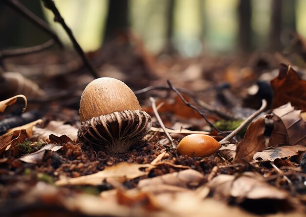 Primo piano di una ghianda appena caduta sul suolo della foresta