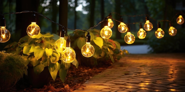 Primo piano di una ghirlanda stradale con luce calda su un patio a tarda notte AI generativa