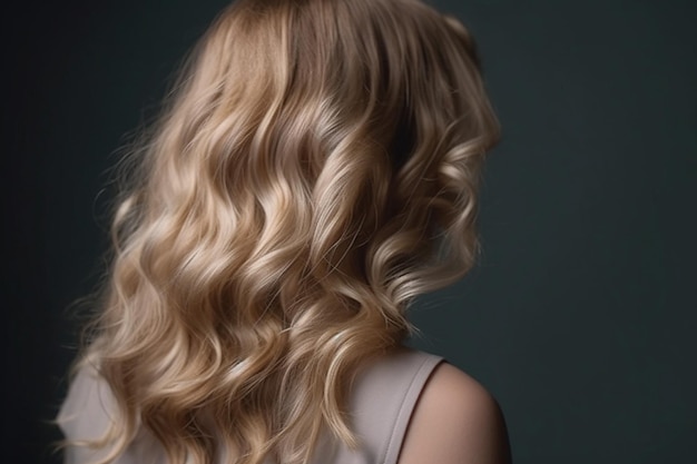 Primo piano di una giovane donna bionda in piedi con la schiena con i capelli mossi Risultato della colorazione