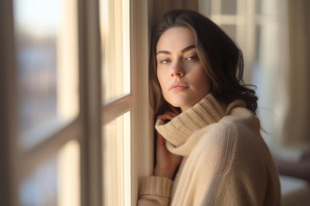 Primo piano di una giovane donna che contempla una scena invernale dalla sua finestra
