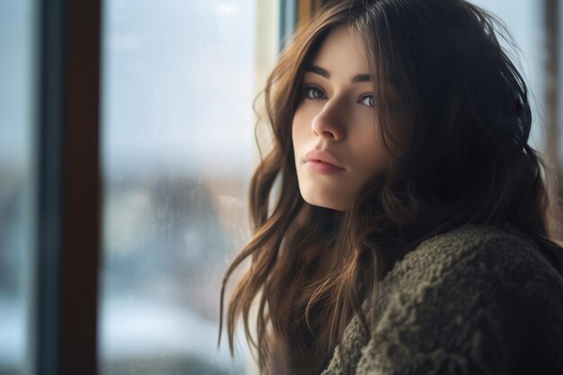 Primo piano di una giovane donna che contempla una scena invernale dalla sua finestra