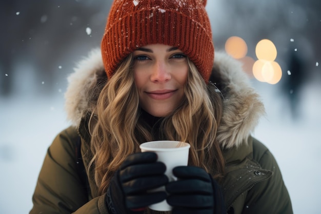 Primo piano di una giovane donna che mangia un caffè durante l'inverno