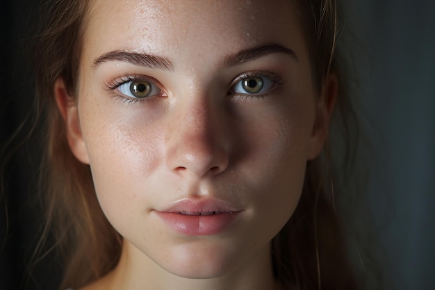 Primo piano di una giovane donna con problemi di pelle e acne