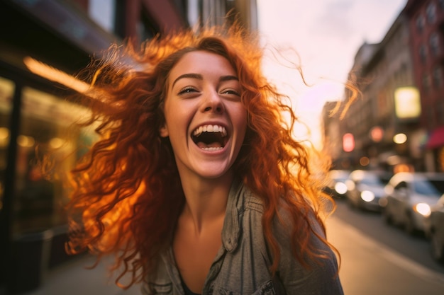 Primo piano di una giovane donna eccitata che esplora una vivace strada cittadina IA generativa