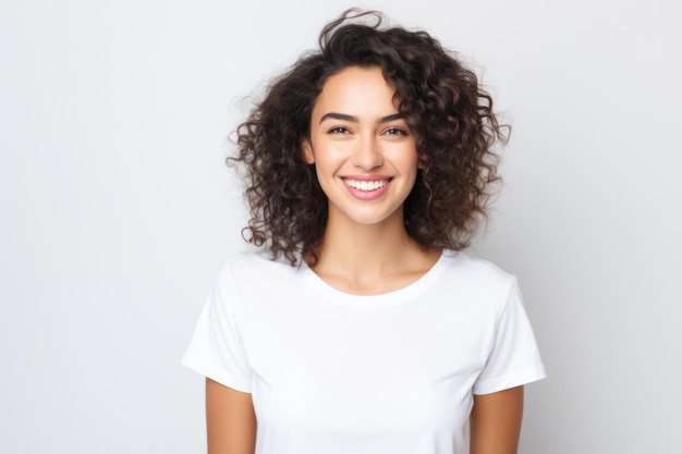 Primo piano di una giovane donna sorridente e che indossa una maglietta bianca su sfondo bianco
