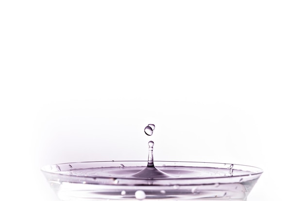 Primo piano di una goccia d'acqua che cade in un bicchiere su sfondo bianco.