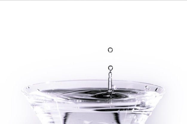 Primo piano di una goccia d'acqua che cade in un bicchiere su sfondo bianco.