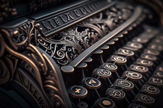 Primo piano di una macchina da scrivere concentrarsi sui tasti e sul meccanismo della macchina da scrivere