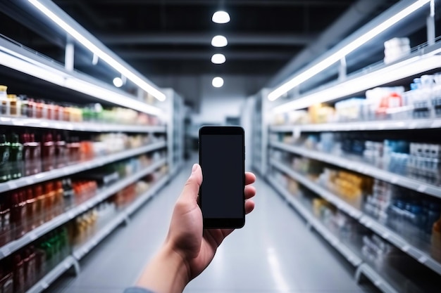 Primo piano di una mano che tiene uno smartphone con uno schermo mobile su uno sfondo sfocato di un supermercato