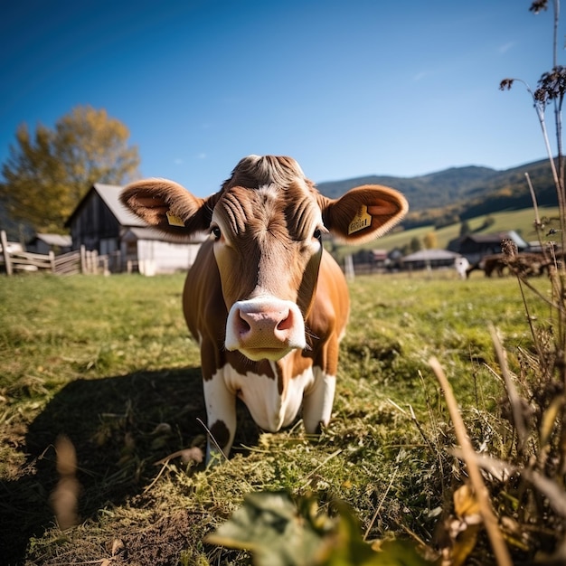 Primo piano di una mucca su un campo verde guardando la telecamera