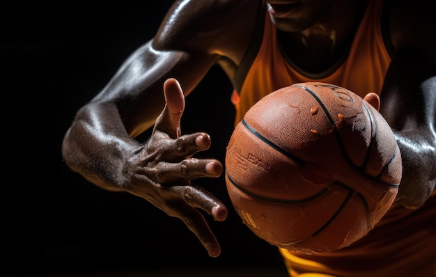 Primo piano di una palla da basket nelle mani di un giocatore di basket nero