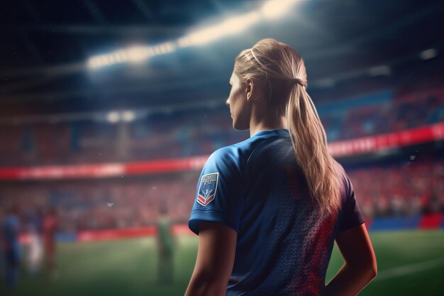 Primo piano di una partita notturna di calcio femminile di coppa del mondo IA generativa