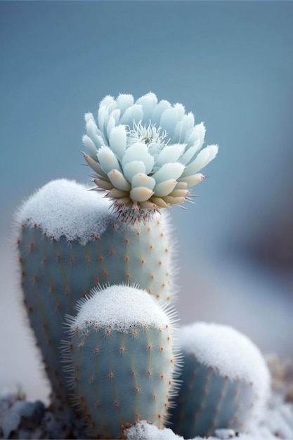 Primo piano di una pianta di cactus con neve su di esso ai generativa