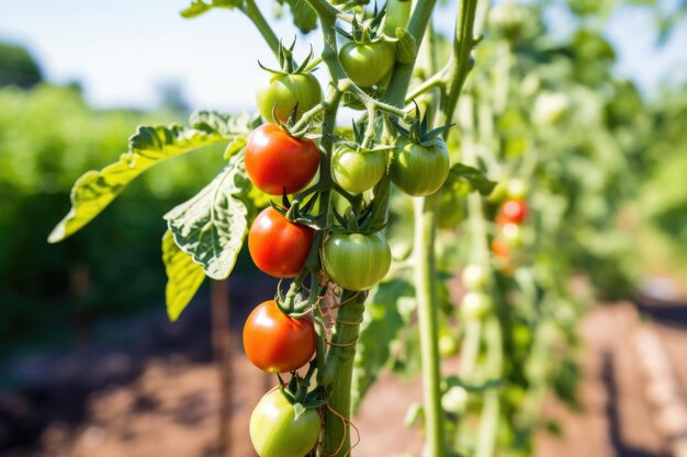 Primo piano di una pianta di pomodoro sana infilata su un paletto