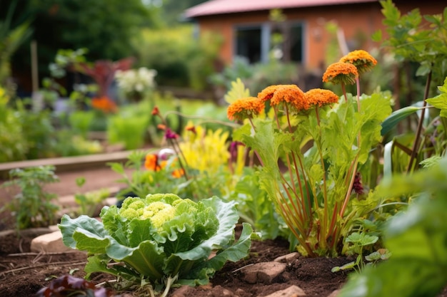 Primo piano di una piantagione complementare in un giardino di permacultura