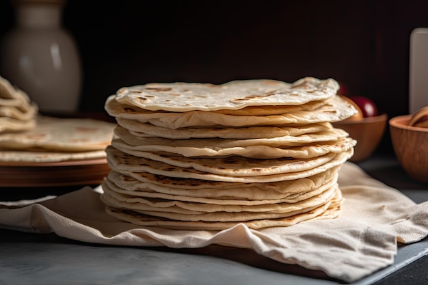 Primo piano di una pila di tortillas calde e soffici pronte per il riempimento create con ai generativo