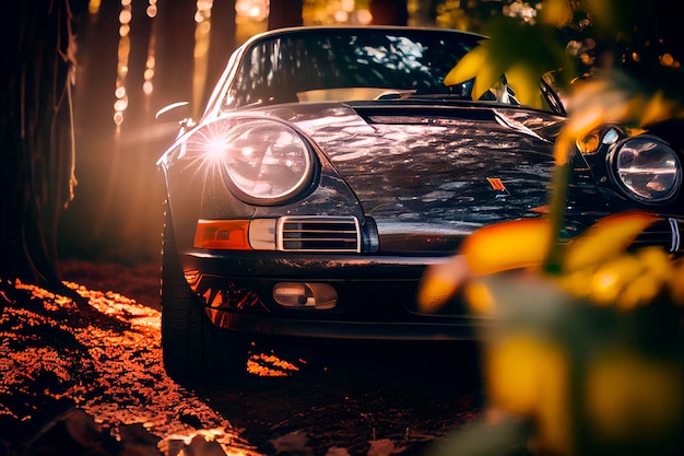 Primo piano di una Porsche nella foresta, sole splendente