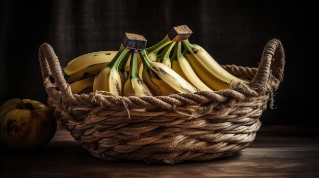 Primo piano di una raccolta di banane gialle in un cesto con sfondo sfocato