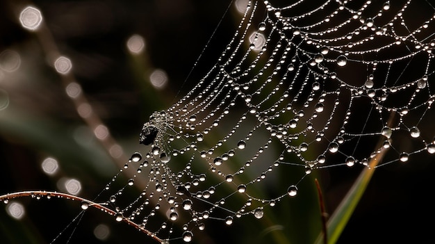 Primo piano di una ragnatela con gocce d'acqua su di essa IA generativa