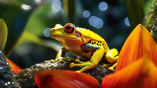 Primo piano di una rana gialla su una pianta di heliconia Indonesia Risorsa creativa AI generata