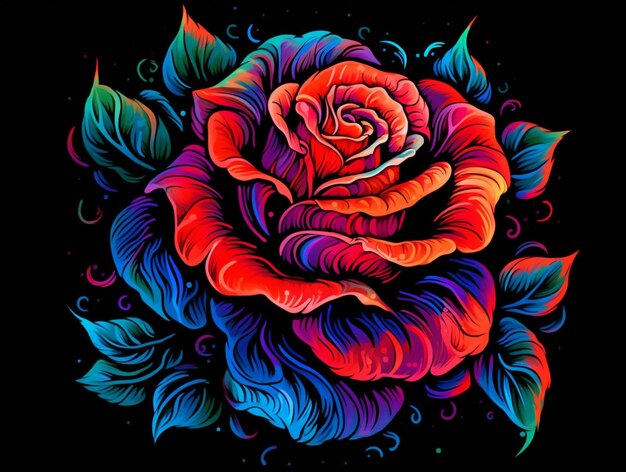 Primo piano di una rosa con foglie colorate su sfondo nero ai generativa