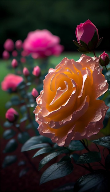 Primo piano di una rosa rosa in un giardino ai generativo