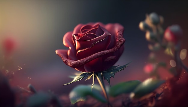 Primo piano di una rosa rossa realistica con sfondo sfocato rosso IA generativa