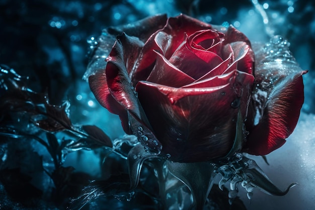 Primo piano di una rosa rossa scura congelata nel gelido giardino d'inverno