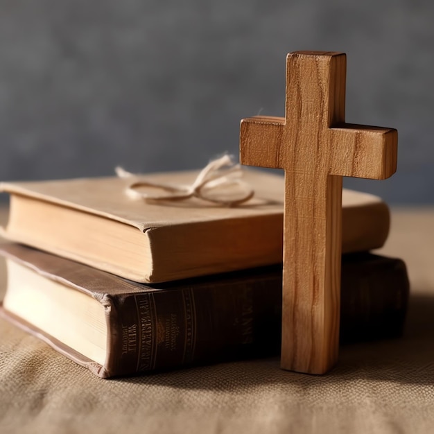 Primo piano di una Sacra Bibbia e di una croce cristiana su un tavolo di legno Buon venerdì santo o concetto di religione