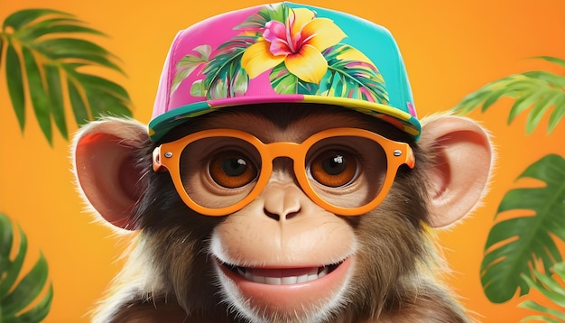 primo piano di una scimmia con uno stile cappello estivo