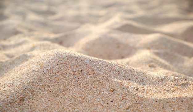 Primo piano di una superficie di sabbia gialla pulita che copre la spiaggia sul mare illuminata con la luce del giorno Concetto di viaggio e vacanze