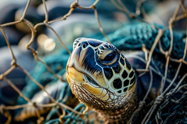 primo piano di una tartaruga catturata in una rete da pesca La tartaruga sta lottando per fuggire e ci sono altre tartarughe sullo sfondo