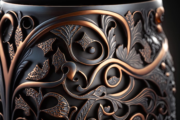 Primo piano di una tazza di ferro incredibilmente intricata con intricati motivi e curve
