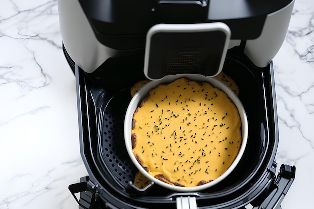 Primo piano di una torta appetitosa fatta nella friggitrice ad aria che promuove un'opzione economica e nutriente Generata dall'intelligenza artificiale