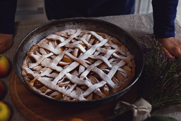 Primo piano di una torta cosparsa di zucchero a velo bianco