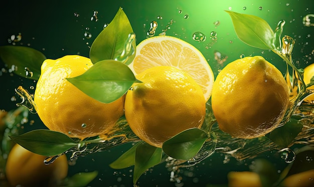 Primo piano di una vivace fetta di limone brillantemente illuminata su uno sfondo sfumato morbido Concetto di schizzi di agrumi freschi Creato con strumenti di intelligenza artificiale generativa