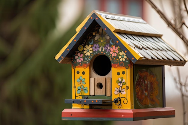 Primo piano di una voliera con le porte aperte che rivelano un alimentatore colorato e unico