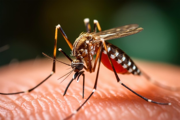 Primo piano di una zanzara dengue che succhia sangue