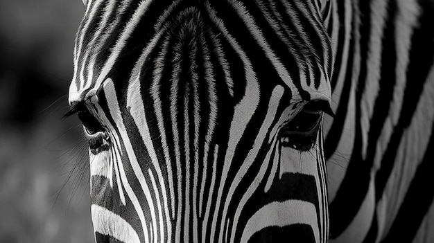 Primo piano di una zebra circondata da strisce bianche e nere nella sua mandria