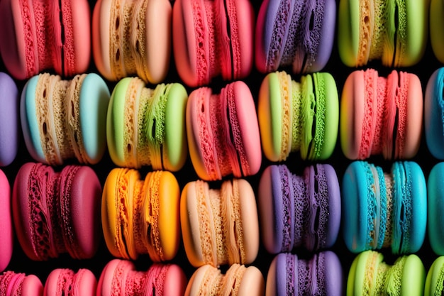 Primo piano di uno sfondo colorato di macarons francesi Sfondo